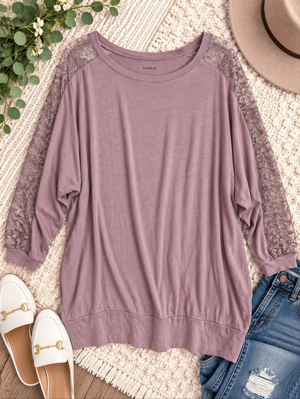 torrid Dusty Mauve Lace-Sleeve Pullover